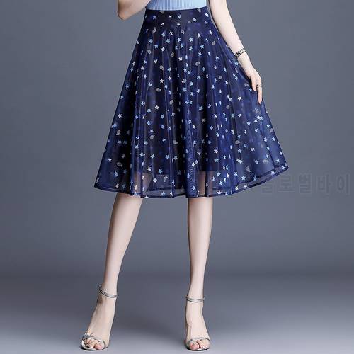 Organza Nets Yarn Skirts 2022 Summer Lace A-line Show Thin Floral Umbrella Pleated Woman Skirt Embroidery Y2k Skirt