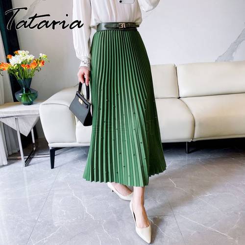 Green Satin Pleated Skirt Midi Skirks Womens 2023 Autumn High Fashion Office Lady Elastic Waist Skirt with Diamond Faldas Mujer