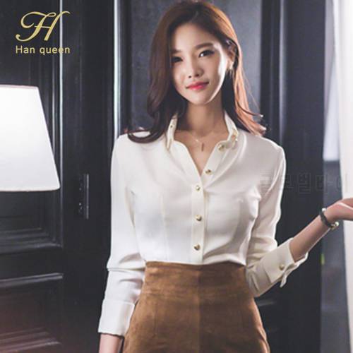 H Han Queen New Wear To Work Female Blouses Turn-down Collar Simple White Shirt Tops Korean Casual Blouse Occupation Women Blusa