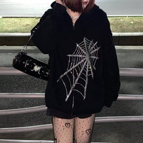 Gothic Black Long Sleeve Zip Up Oversize Hoodies Spider Web Diamonds Print Sweatshirts Women Autumn Coat Top Halloween Clothes