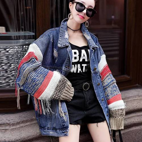 2021 Women Spring Autumn Knit Sweater Stitching Cardigan Denim Jacket Female Korean Loose Student Ripped Denim Coat Top Trend110