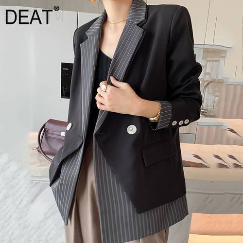 DEAT Woman Jackets Striped Patchwork Notched Outerwear Long Sleeve Loose Office Lady Style Jackets 2023 Autumn Fashion 15XF278