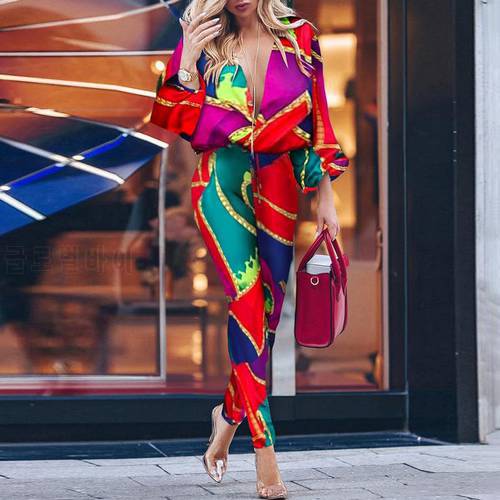 Women Colorblock Print Plunge Casual Jumpsuit Turn Down Collar Long Sleeve Regular Long Overalls Elegant OL Workwear Streetwear