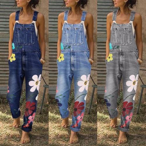 2020 New Summer Women Long Jumpsuits Fashion Flowers Printed Jeans Romper Casual Floral Pocket Playsuit Washable Denim Overalls