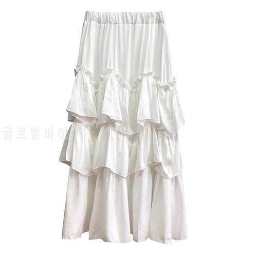Ruffles Skirts Womens Fashion Desginer Solid Color Elastic High Waist A Line Ruched Long Skirt Black White Elegant Sun Skirt