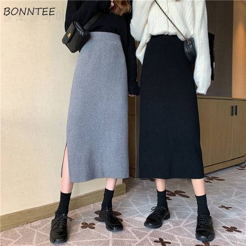 Solid Skirts Women Simple Side-slit All-match Design Clothing Vintage Stylish Vacation Tender Popular A-line Knitted Basic Ins