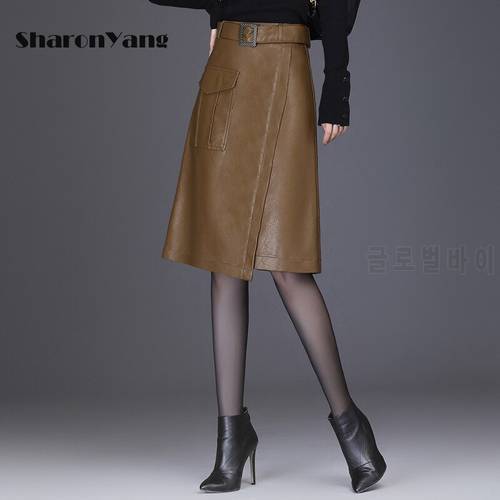PU Leather Skirts Woman Autumn New High Waist Short Skirt Fashion Temperament Knee Length Skirts Women A-line Skirt