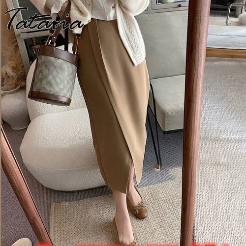 Korean Style Women Brown Skirt with Side Slit Warp A-line Midi Skirt Autumn 2023 Fashionable High Waist Pencil Straight Skirts