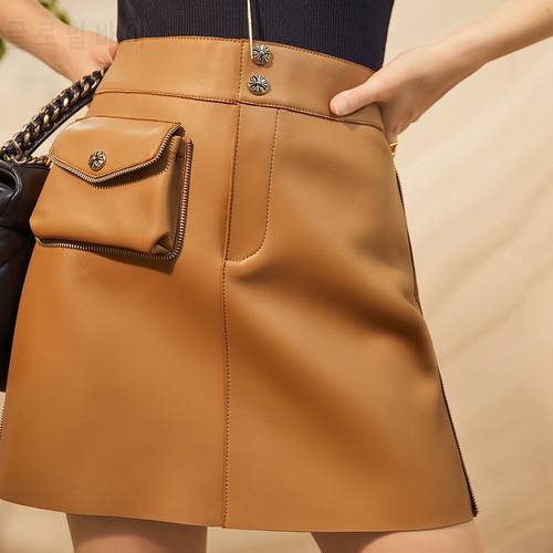 2022 autumn leather skirt autumn Korean version A-LINE pocket skirt trim height waist thin sheepskin woman fashion clothing Y2K