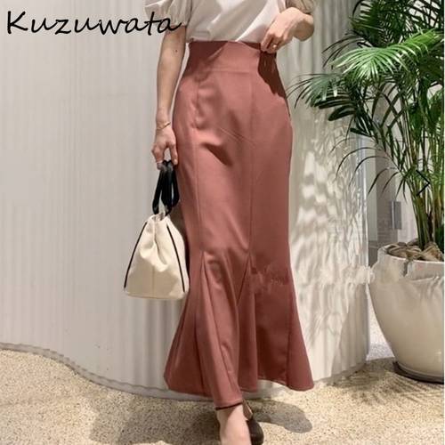 Kuzuwata 2023 New Fashion Temperament Women Faldas Japanese Autumn Jupes Empire Solid Slim Folds Mid Length Mermaid Skirts