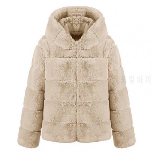 Plus Size Women Hooded Jackets Zipper Closure Faux Fur Solid Color Long Sleeve Short Type Fluffy Coat Female Clothes Winter Coat
