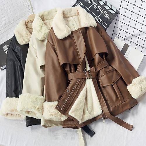 eather clothes winter 2021 new Korean Pu fur one-piece fur collar lace up Plush jacket fashion motorcycle clothes women&39s coat