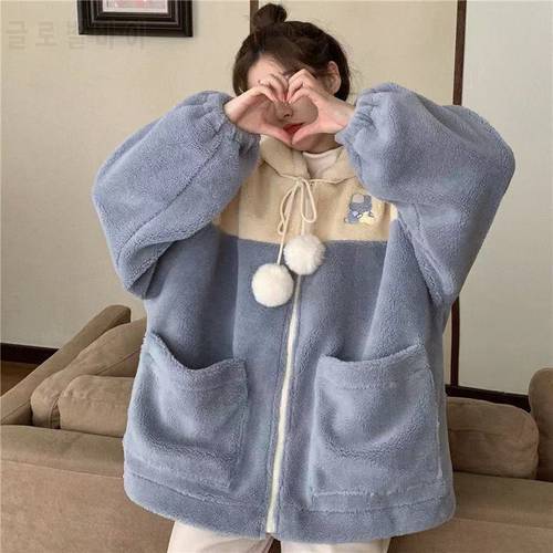 Large Women&39s Winter Coat Fashion Casual Student Lovely Embroidered Clothes Hooded Zipper Women&39s Lamb Wool Coat Korean Style