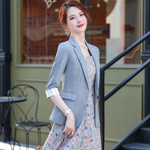Korean Blazer Woman 2020 New Summer Autumn Half Sleeve Notched Collar Single Button Slim Fit OL Blazer Elegant Woman Clothes