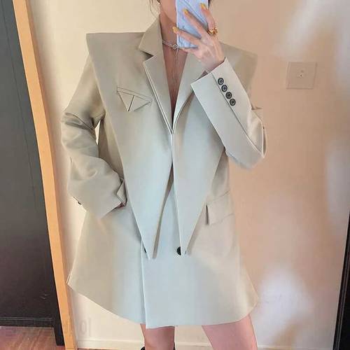 [EWQ] Blazer Women Autumn 2023 New Long Sleeves Patchwork Irregular Suits Coat Female Office Ladies Clothing Korean Chic 5E1454