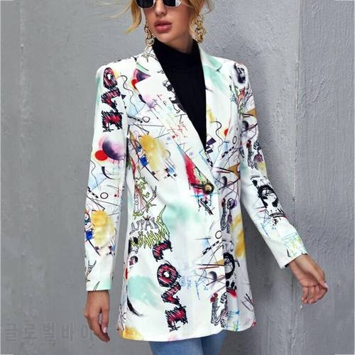 Graffiti Printing Vintage Blazer Women Jacket Streetwear Fashion 2021 New Spring Elegant Office Lady Coat American Stylish