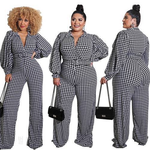 Plus Size Jumpsuits with Belt Elegance Puff Sleeve Fashion Lady One Piece Outfit Women Plaid Jumpsuit Wholesale Dropshipping