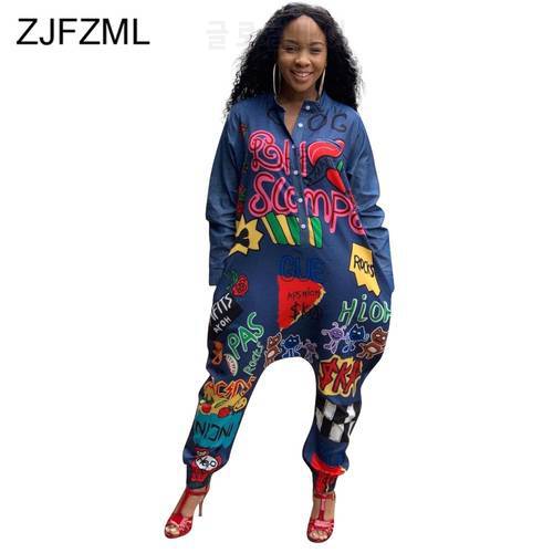 Multicolor Letter Print Harajuku Baggy Romper Women Casual Stand Collar Long Sleeve Loose Jumpsuit Streetwear Button Bodysuits