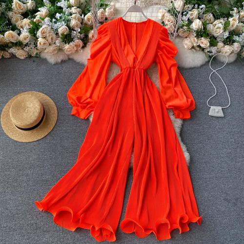 Women Design Chic Jumpsuits Autumn V Neck Puff Sleeve Casual Solid Rompers Korean Style Fashion Wide Leg Long Rompers