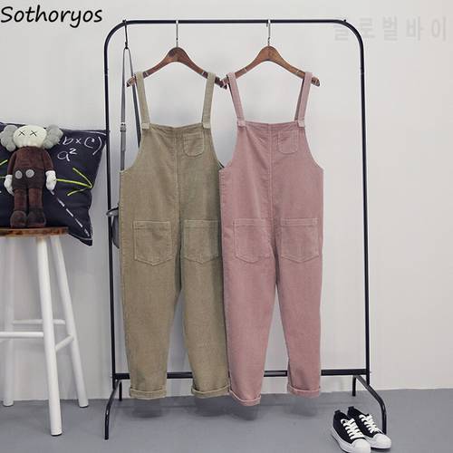 Jumpsuits Women Harajuku Girls Kawaii Corduroy Pockets Solid Color Loose Soft Sleeveless Jumpsuit Womens Simple All-match Chic