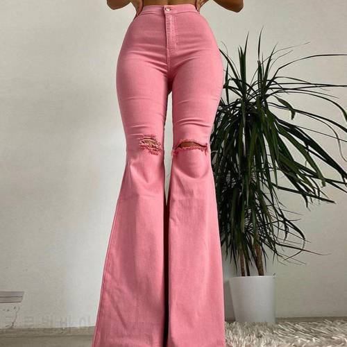 Sexy Bodycon Long Jeans Pants for Women Fringed Edge Denim Pants Elastic Sexy Mid Waist Ripped Flared Jeans Ladies Trousers 2021