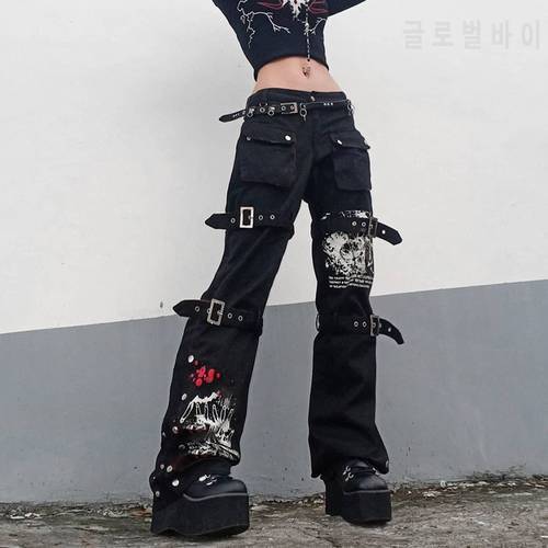Punk style printed low-rise jeans women&39s gothic fashion overalls with buckle pocket retro denim trousers y2k jeans