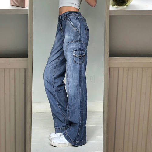 Cargo Pants Women Trousers Streetwear Y2K Low Waist Wide Leg Jeans Pockets Aesthetic Denim Harajuku Mom Boyfriend Straight Jean