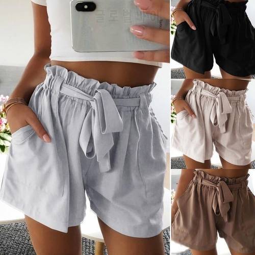 2021Loose Soft Casual Cotton Linen Shorts Women Summer Solid Color High Waist Ruffle Shorts Fashion Women Lace Up Trousers