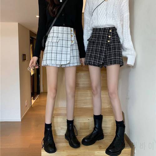 Women&39s Fashion High Waist A-line Plaid Skirts Shorts Autumn Winter Wool Tweed Skirt Vintage Mini Checkered Shorts Skirts G54
