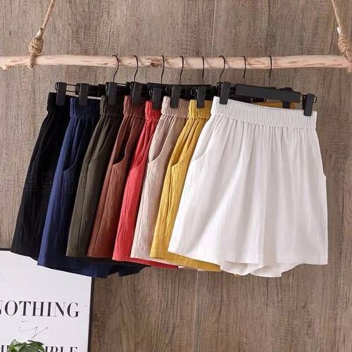 Summer Vintage Solid Cotton Linen Shorts Women Loose Elastic High Waist Casual Female Shorts Girls Jogger Harajuku Streetwear