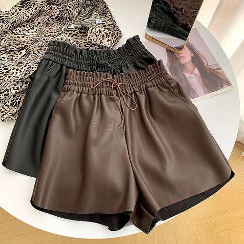 High Quality PU Faux Leather Shorts Plus Size Winter Autumn Girls Shorts High Waist Women Brown Black Casual Clothing Fashion
