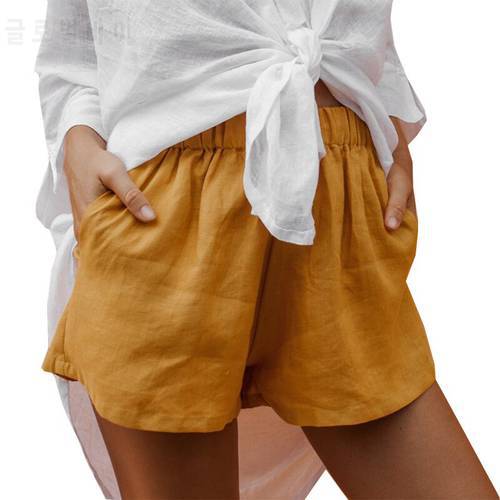 Women Summer New Women&39s Cotton Linen Shorts Solid Elastic Waist Loose Casual Shorts Yellow Soft High Waisted Shorts