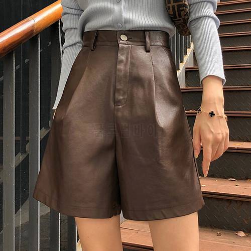 Vintage PU Leather Shorts Women Autumn Winter High Waist Loose Five Points Leather Shorts Fashion Short Femme