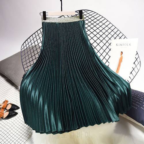 Autumn Skirts Womens Pleated Skirt High Waist Solid Color Falda Female Vintage Midi Calf Saias High Quality Basic Winter Skirt