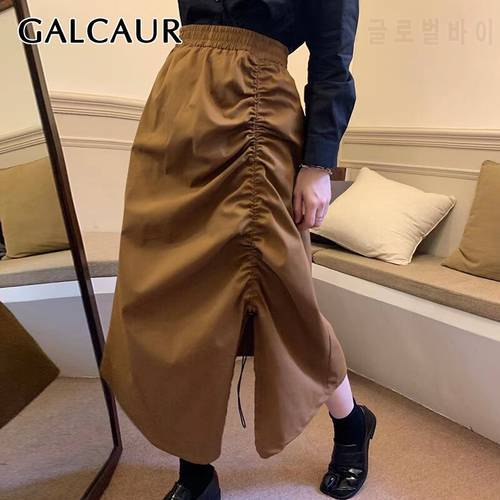 GALCAUR Casual Drawstring Skirt For Women High Waist Solid Minimalist Midi Skirts Female Korean Fashion Clothing 2021 Summer New