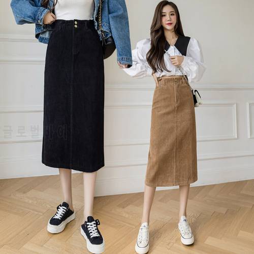 TingYiLi Women&39s High Waist Back Slit Corduroy Skirt Autumn Winter Khaki Black Pencil Midi Skirt Korean Style Elegant Skirt