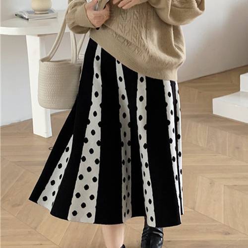 Autumn winter polka dot stitching knitted skirts women high waist A-line midi retro large swing woolen umbrella skirt female