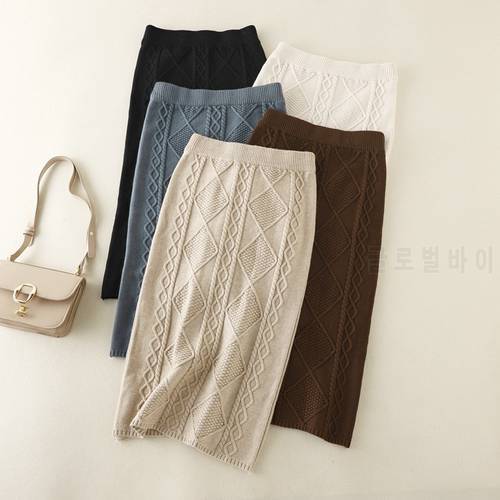 Autumn and winter thick wool knitted skirt women 2021 new twist midi Long straight tube hip one step skirt female pencil skirts