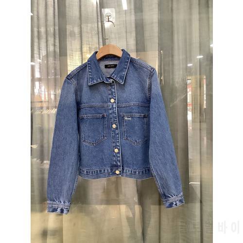 Women Jacket 2021 Early Autumn Casual All-match Embroidered 100% Cotton Dark Blue Denim Jacket