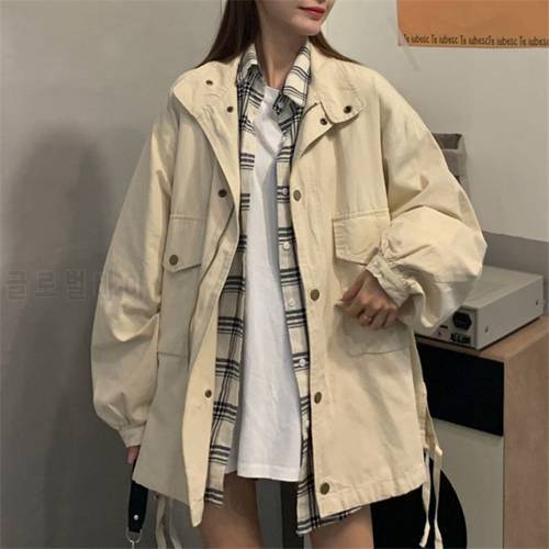 2021 Spring Women Loose Cargo Jacket Streetwear Batwing Long Sleeve Pockets Coat Vintage Autumn Solid Casual Jacket Korean Style