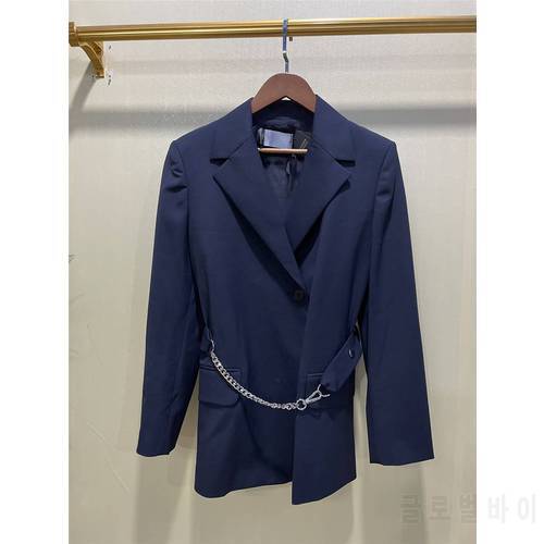 2021 Autumn Women Blazer Notched Long Sleeve Single Button Suit Simple Office Lady Wear Coat with Chain Belt