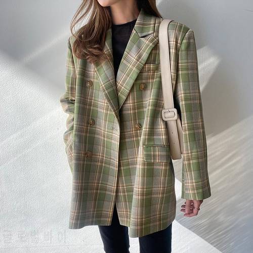 Jackets for Women 2022 Green Plaid Double Breasted Blazer Suit Office Ladies Pockets Female Suits Coat Spring Women&39s Blazers