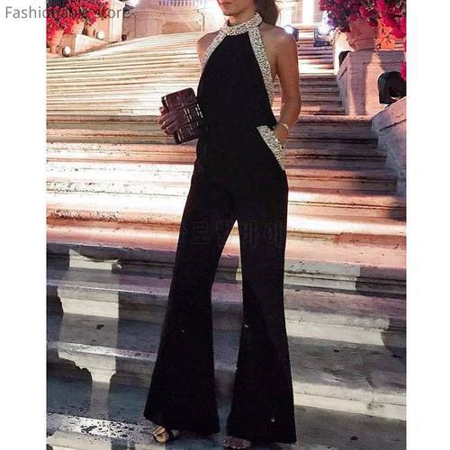Shiny Glitter Sexy Long Rompers Elegant Womens Party Overal Patchwork Wide Leg Pants Jumpsuit HSleeveless Pocket Jumpsuit