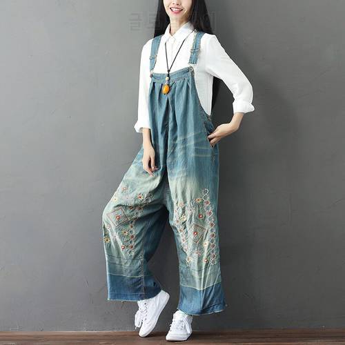 Female embroidery Denim Jumpsuits Casual Wide Leg jean Pants Overalls Large size Suspenders Bib Pants Rompers