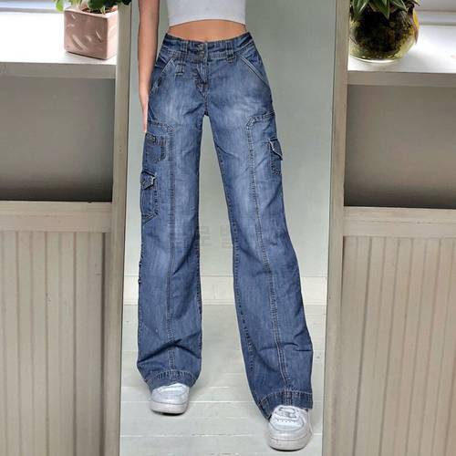 Trousers Streetwear Y2K Low Waist Wide Leg Jeans Pockets Cargo Pants Women Aesthetic Denim Harajuku Mom Boyfriend Straight Jean
