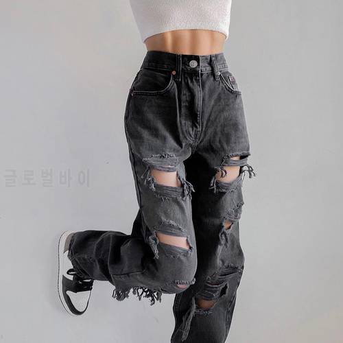 BiggOrange Vintage Ripped Hole Straight Jeans Women Baggy Cut Out High Waist Denim Pants Korean y2k Streetwear Fashion Jeans