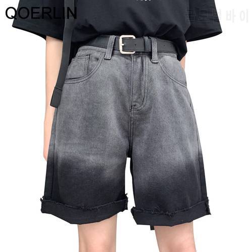 QOERLIN M-4XL Denim Shorts Women Fashion Loose Casual Rolled Jeans Wide Leg Gradient Color Black Shorts Streetwear Harajuku