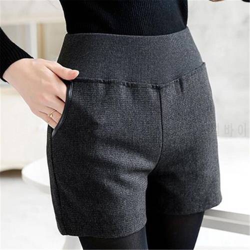 Lady Casual Pocket Winter Solid Shorts Woman Hot Sale Spring Autumn High Elastic Waist Straight Thick Slim Short