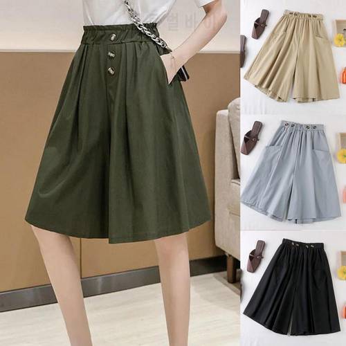 Fashion 2021 Summer Korean Style Wide Leg Capris Women Solid Color Pockets Casual High Elastic Waist A-line Fifth Shorts Skirts
