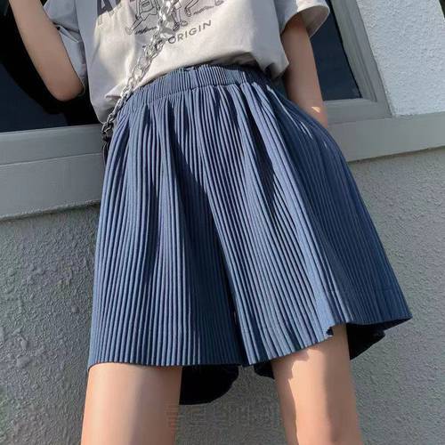 Large size pleated wide-leg shorts solid color wild summer new high waist P3 1206